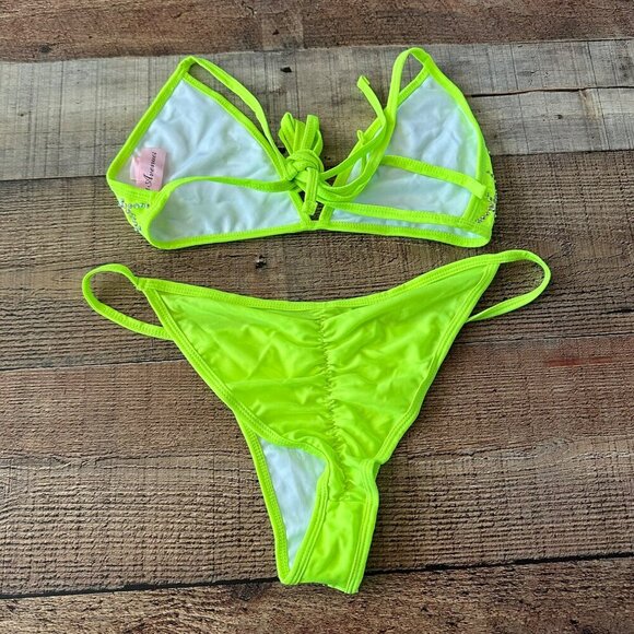 Leg Avenue women’s studded rhinestones neon cheeky tie bikini -L - Picture 7 of 9